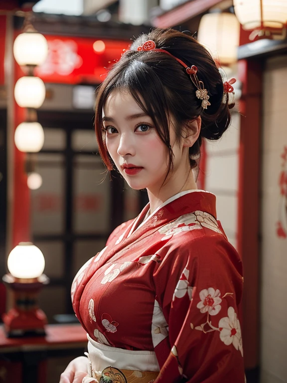 (hyper realstic)、Modern Oiran、(Female Ninja of the 21st Century)、Beautie high-level image quality hight resolution (Realistic) Shorthair、Woman with dark hair、A MILF、Middle-aged woman、Big big、Detailed red-black 、detailed skin textures、超A high resolution、Realistic、Voluptuous body shape、angry looking face、Middle-aged beauty、Beautiful expression、With detailed red-black areola 、detailed brown eyes、long fluffy hair、Kamimei、Very delicate and detailed skin texture、35 years old、{There is a helipad at night((Being on the roof of a skyscraper))}、Modern Oiran、Large cleavage、Large open neckline、bright red lips、Wearing gorgeous clothes, Luxurious and luxurious kimono、ear ornament、Silver collar and necklace、gorgeous hair decoration、