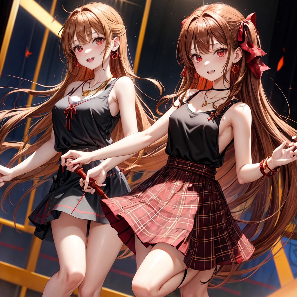 reddish-brown golden hair、red eyes、one good looking girl、solo、anime、plaid mini skirt、black camisole、black t-shirt、dress、wearing a ribbon、ribbon at waist、crystal earrings、jewelry necklace、Light and shadow、tilting one&#39;s face、teeth are visible、pillar、torches、evil looking face、Kuroko