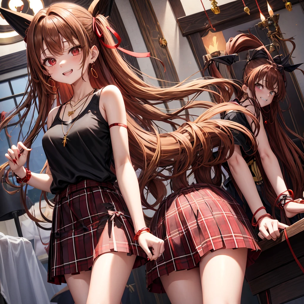 reddish-brown golden hair、red eyes、one good looking girl、solo、anime、plaid mini skirt、black camisole、black t-shirt、dress、wearing a ribbon、ribbon at waist、crystal earrings、jewelry necklace、Light and shadow、tilting one's face、teeth are visible、pillar、torches、evil looking face、Kuroko