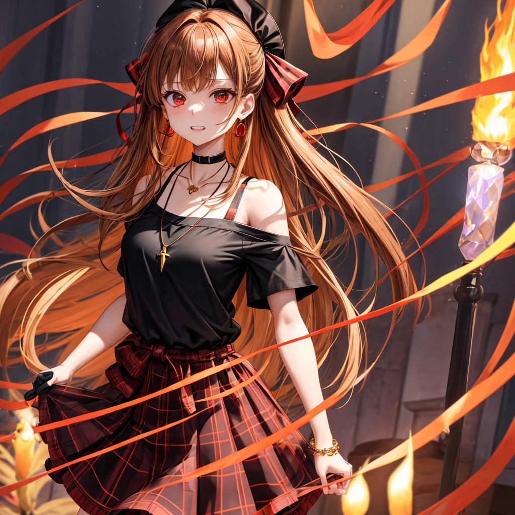 reddish-brown golden hair、red eyes、one good looking girl、solo、anime、plaid mini skirt、black camisole、black t-shirt、dress、wearing a ribbon、ribbon at waist、crystal earrings、jewelry necklace、Light and shadow、tilting one&#39;s face、teeth are visible、pillar、torches、evil looking face、Kuroko