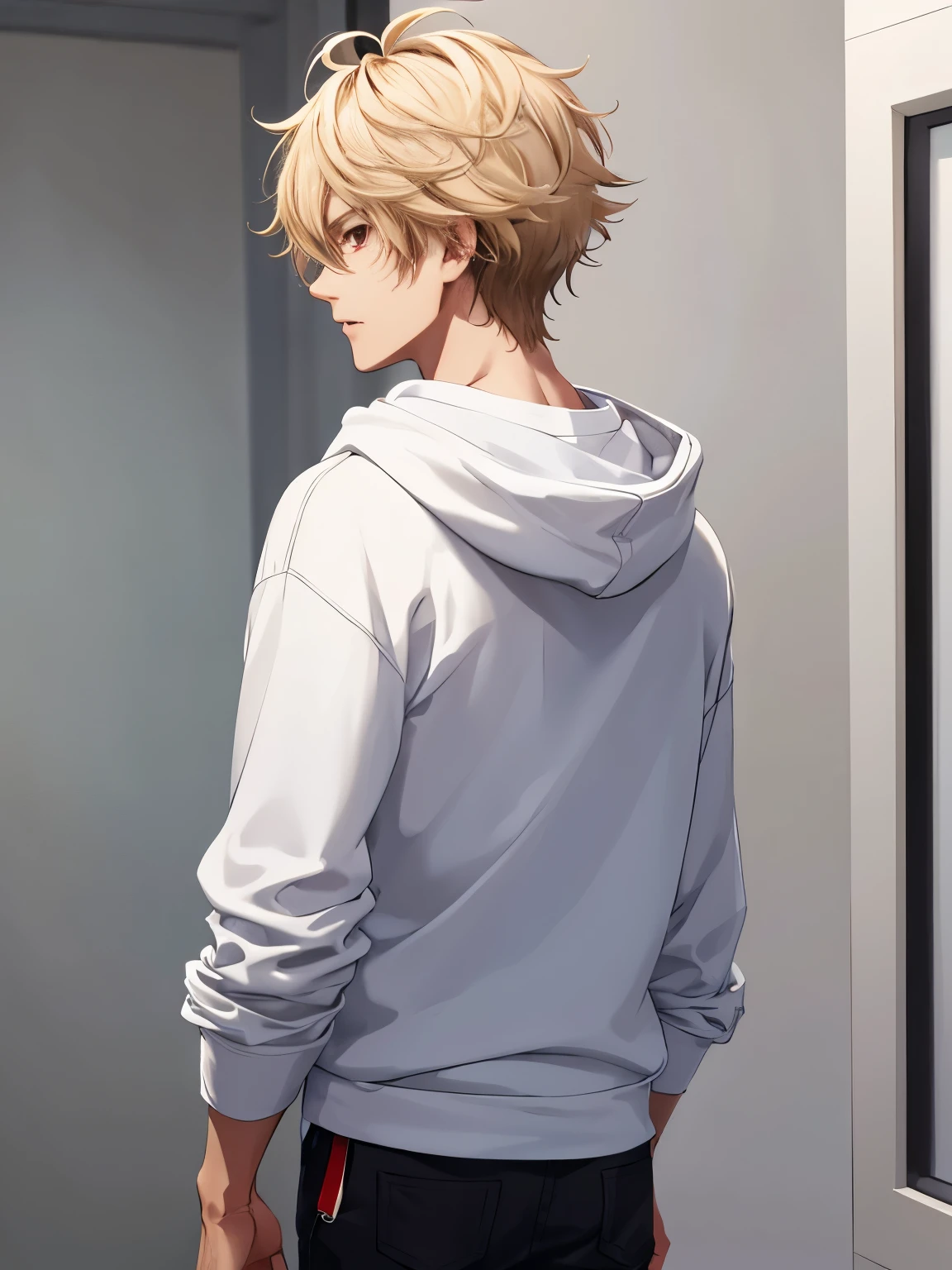 1 boy, guy, handsome, 18 years old, close up photo, standing,Facing backwards, photo from behind, camera angle from behind, Short hair,blonde hair, messy hair, handsome,white hoodie,black trousers,red eyes, vampire, ultra detail, ultra HD, masterpiece, best quality