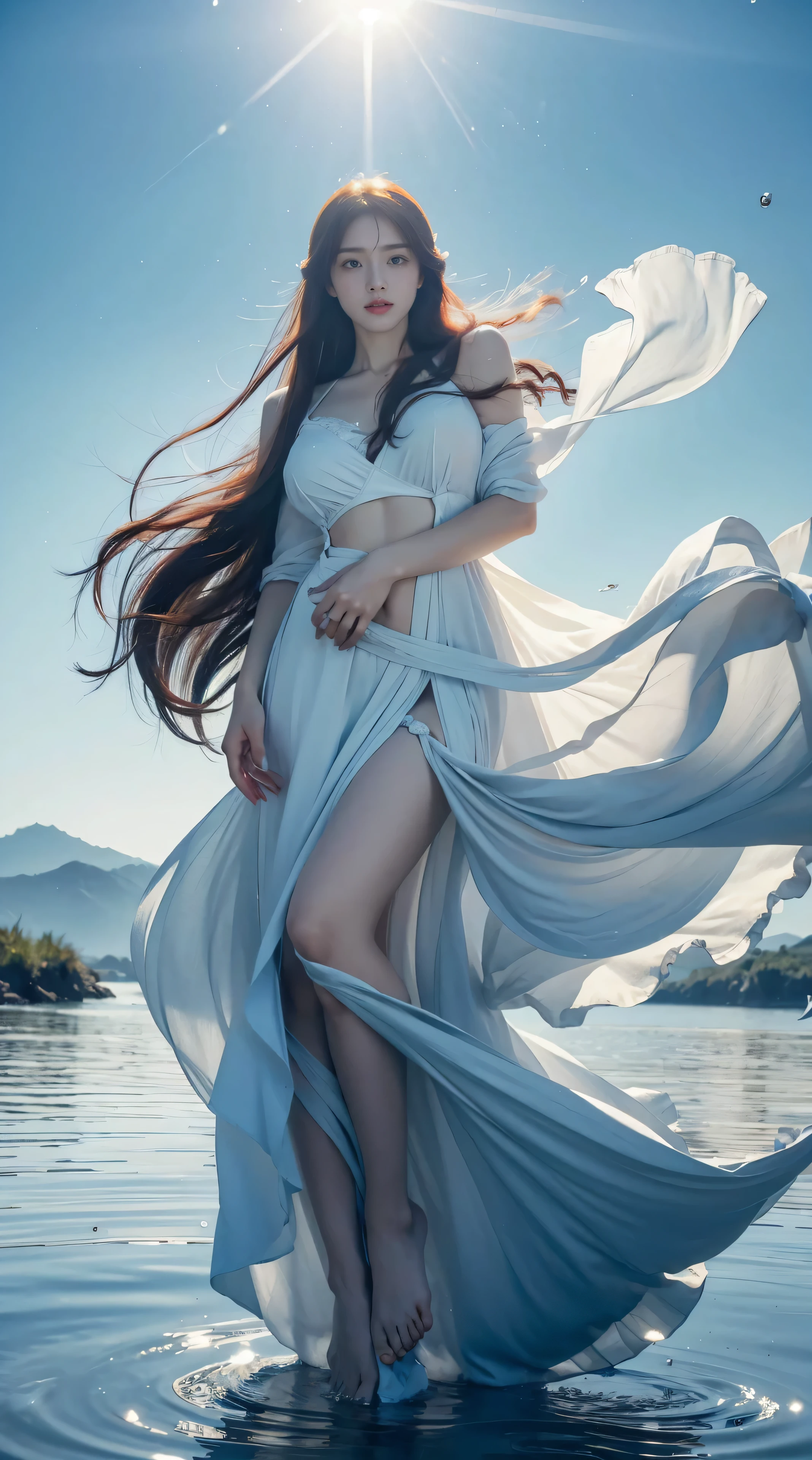 Wide angle, far shot, see the whole body, Beautiful woman,Hug a Baby, floating a River  ,Flower crows,Beautiful girl, realistic, high resoution, A woman is long hair and Red hair, Eagle eyes, Barefooted ,flowing long hair,ultra-realistic, 4K ,Yellow effect ,Light Rain , She is  a little smile,Floating gems radiate light all around,skyblue solution, white drop,see is viewer