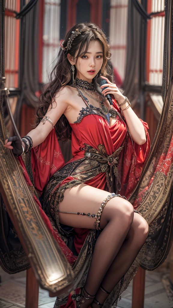 (RAW shooting, Photoreal:1.5, 8K, highest quality, masterpiece, ultra high resolution), Highly detailed skin and facial textures:1.3, perfect dynamic composition:1.2, expression of joy:1.0, Tears are flowing:1.0, 22 year old Japanese female singer:1.3, Height 163 cm, cowboy shot, Fair skin:1.2, sexy beauty, perfect style:1.1, beautiful and aesthetic, very beautiful face:1.1, (small underground live house, 100 spectators, singing pose on stage:1.3, studio lighting, Spotlight), hold the microphone with your right hand, Uplifting, open your mouth, (professional dressing:1.0, simple red long dress:1.2), (Medium chest, Chest gap), (Beautiful and erotic big eyes:0.5, Bewitching:0.5, adult charm:0.5), necklace, earrings, bracelet