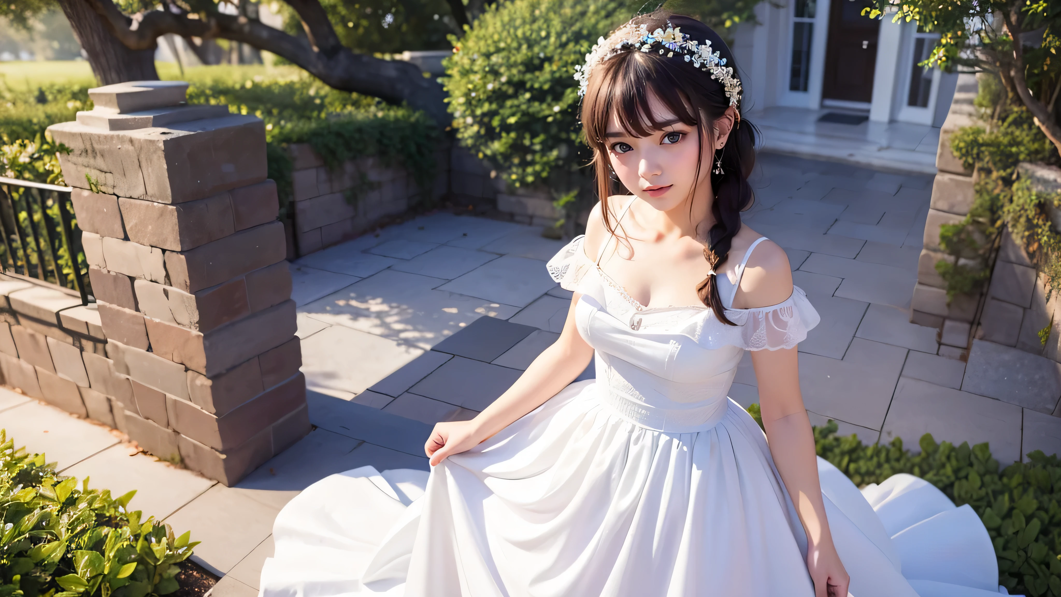 1girl,looking to viewer,highres,  high quality,  masterpiece, WhiteDress,  bare shoulder, purple eyes, white dress, braid,outdoor park