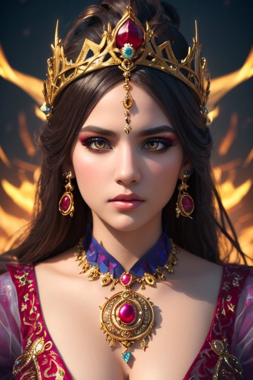 ((best quality)), ((masterpiece)), (detailed), person wearing costume, (Behance contest winner:1.2), fantasy art, crown of giant rubies, 3D goddess portrait, style of Ross Tran, captivating lighting, 8k resolution, striking facial expression, (elaborate costume details:1.3), vibrant colors, powerful presence, (ethereal glow:1.1)
