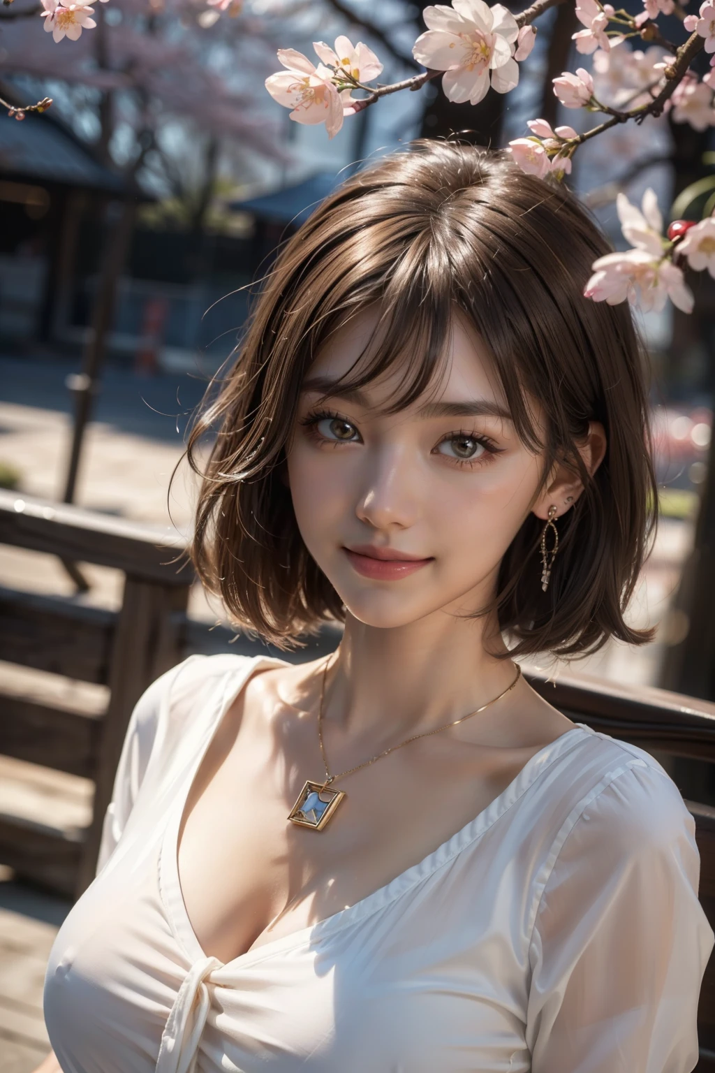 (HighestQuality, 8K,32k,masterpiece, UHD:1.2),extremely detailed CG unity 8K wallpaper,intricate details,Raw photo,(realistic:1.4),atmosphere,ultra high resolution,genuineistic,genuine,Huge_file size,incredibly absurd,(in the center:1.3),ultra illustration,(Super detailed),dramatic lighting,different colors,Depth of the bounds written,art：Krenz Kushart,golden hour lighting,Photographed with Canon EOS,SIGMA art lens 35mm F1.4,ISO200 Shutter speed 2000,blurred background,
break,
1 girl,(smile:1.4),Because I&#39;m slender,(short hair with see-through bangs,:1.4),alone,20 year old Japanese beauty, (midnight cherry blossom, white shirt,:1.5),(light brown hair:1.5),((brown eyes)),largechest,chest, Soft white skin that shines in every detail,pale skin,very beautiful face,very well-shaped face,natural and realistic face,Highest,detailed and beautiful eyes,Impressive, large eyes,detailed eyes, smile, closed mouth, detailed mouth,lip details,glossy beautiful lips,glossy lips,simple earrings,necklace,jewelry, alone focus,low neckline,
break,
light from the front,cool,Are standing,sensual expression, break,
(dutch angle:1.4),looking at the viewer,
break,Tzuyu,Yui Aragaki,
