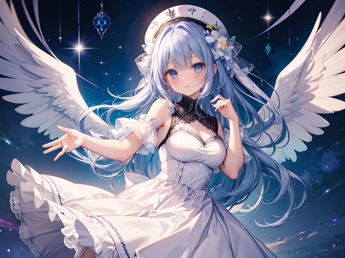 ((highest quality)), ((masterpiece)), (be familiar with), perfect face, girl with white wings, cute, blue-purple long hair, blue eyes, standing position, white lace dress, looking at the viewer,