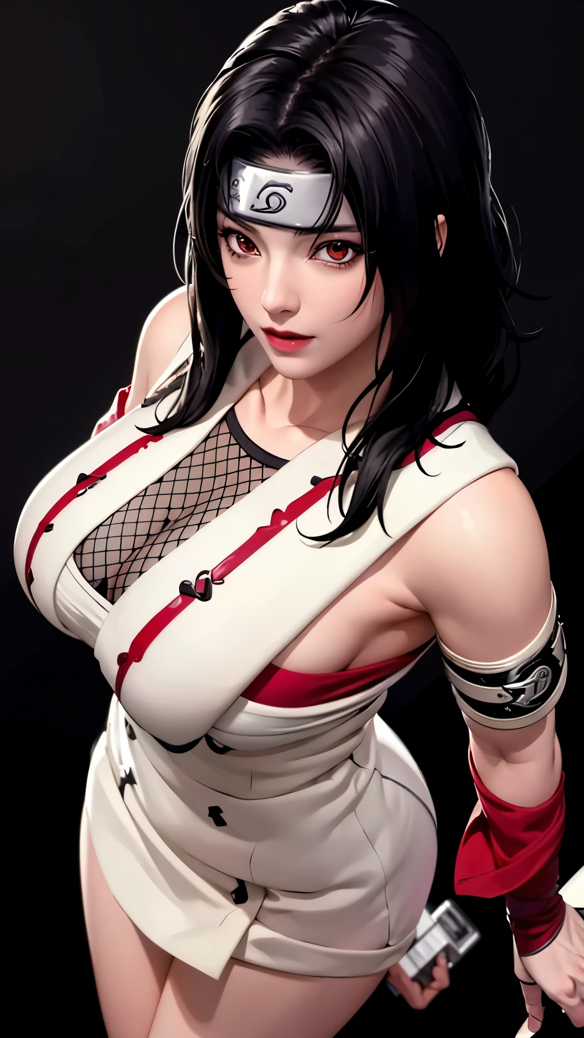 （（（完美figure，figure，forehead protector，bandaged hand，konohagakure symbol，fishnets，Red single sleeve，White striped clothes，（（（Kurenai Yuhi, black hair, red eyes,  long hair,makeup，red eyes，lipstick，）））型figure:1.7））），((masterpiece)),high resolution, ((Best quality at best))，masterpiece，quality，Best quality，（（（ Exquisite facial features，looking at the audience,There is light in the eyes，Happy，***********nterlacing of light and shadow，huge boobs））），（（（looking into camera，black background，looking at viewer
standing
from above）））