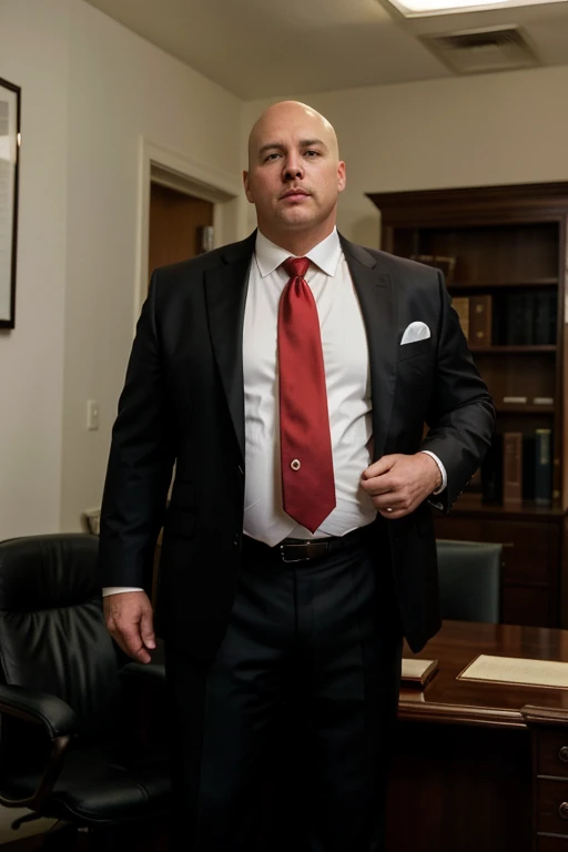 A 59-year-old, masculine, virile, wealthy, tall, stocky male lawyer, with a big belly, white, short hair, bald on the crown, and no facial hair, in a dark suit and red tie, at his office, full body picture