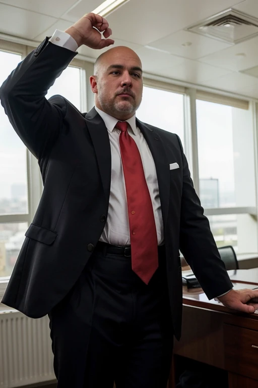 A 59-year-old, masculine, virile, wealthy, tall, stocky male lawyer, with a big belly, white, short hair, bald on the crown, and no facial hair, in a dark suit and red tie, at his office, full body picture