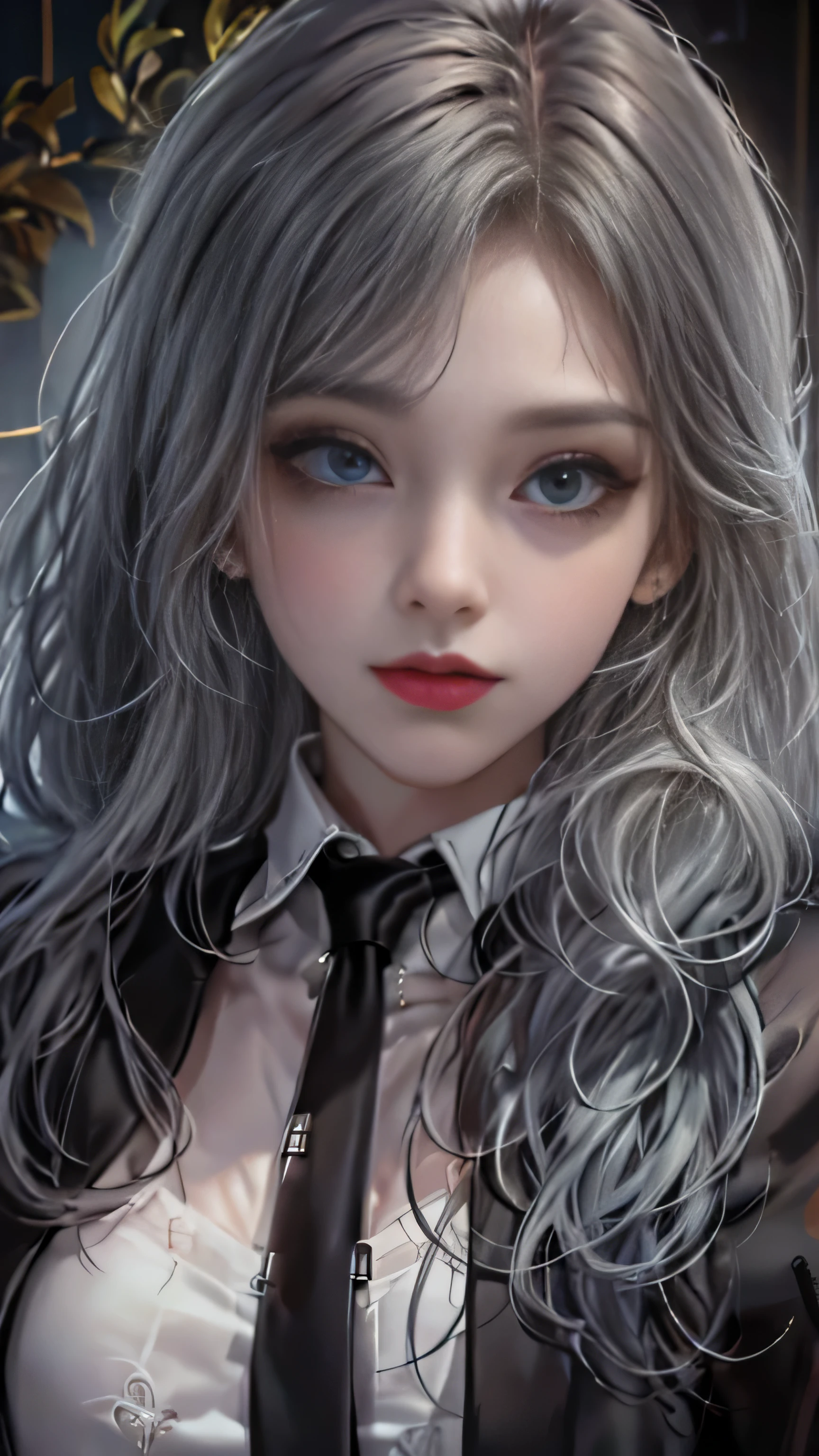 girl portrait photography, realistic, High resolution, 1 female, alone, Upper body, beautiful eyes, Close your lips, detailed face, gray hair, long hair, collared shirt, black tie,black skirt, pencil skirt, fur coat, stockings,(Black lace panties are visible)