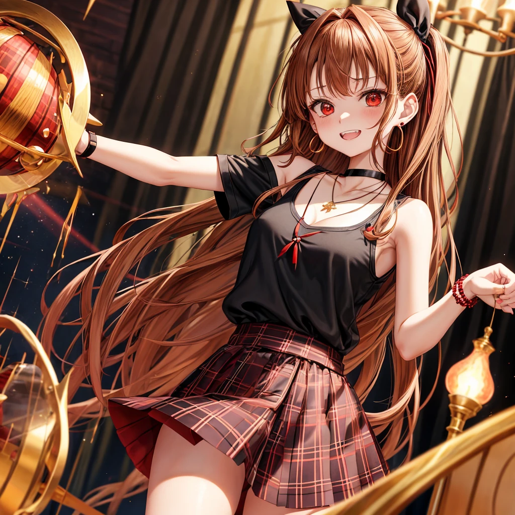 reddish-brown golden hair、red eyes、one good looking girl、solo、anime、plaid mini skirt、black camisole、black t-shirt、dress、wearing a ribbon、ribbon at waist、crystal earrings、jewelry necklace、Light and shadow、tilting one&#39;s face、teeth are visible、pillar、torches、evil looking face、Kuroko