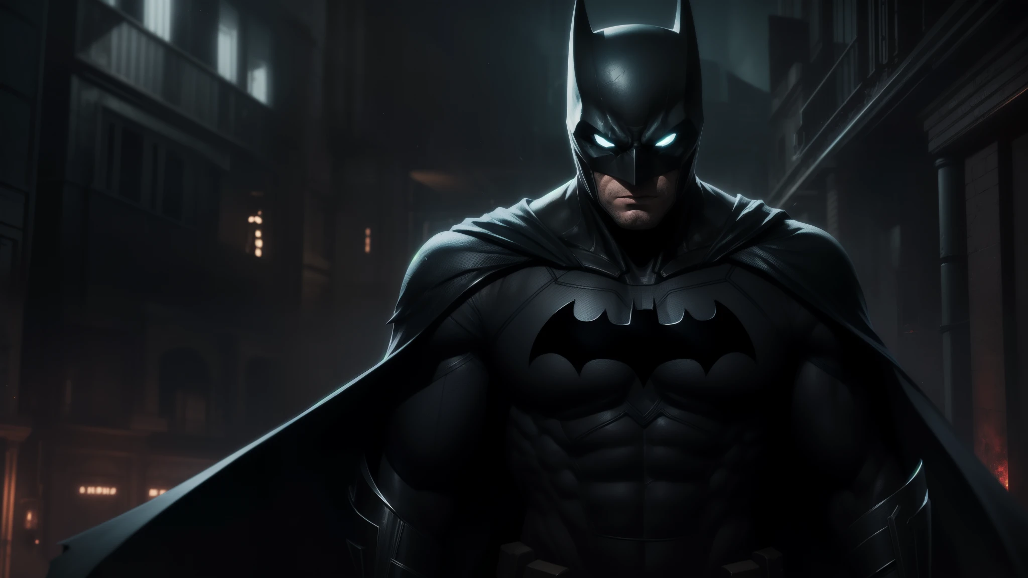 (best quality, ultra-detailed CG unity 8k wallpaper), Batman, armored suit, red glowing eyes, dark atmosphere.