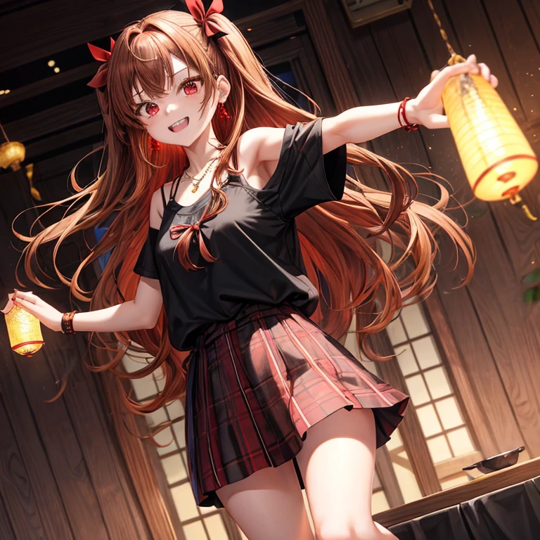 reddish-brown golden hair、red eyes、one good looking girl、solo、anime、plaid mini skirt、black camisole、black t-shirt、dress、wearing a ribbon、ribbon at waist、crystal earrings、jewelry necklace、Light and shadow、tilting one&#39;s face、teeth are visible、pillar、torches、evil looking face、Kuroko