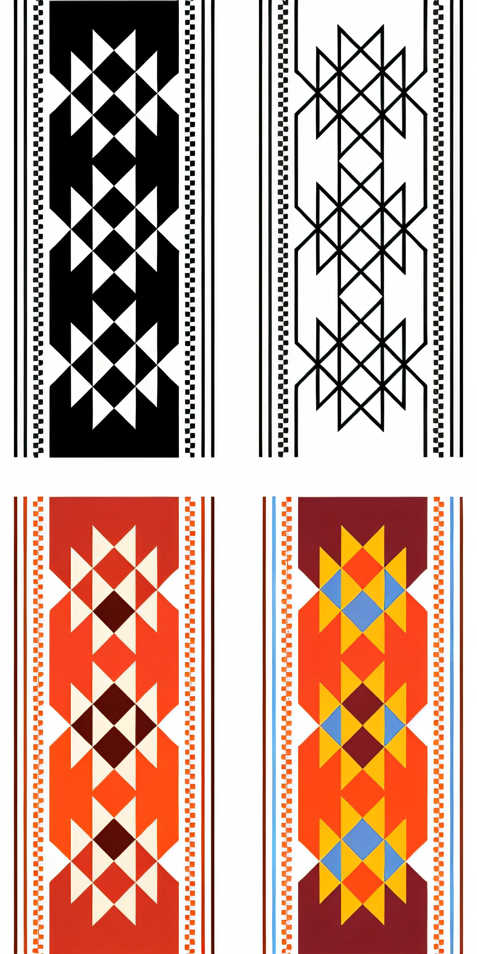 two colorful rugs with geometric designs on them on a black background, traditional folk art style, graphic detail, ethnic, tribal patterns, made with illustrator, russian soviet motifs, large motifs, artistic tribal patterns, phone background, black and yellow and red scheme, inspired by Lubin Baugin, indian patterns, hippie motifs, persian folkore artstyle