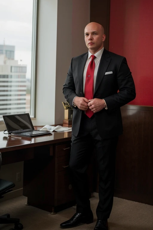 A 59-year-old, masculine, virile, wealthy, tall, stocky male lawyer, white, short hair, bald on the crown, no facial hair, in a dark suit and red tie, at his office, full body picture