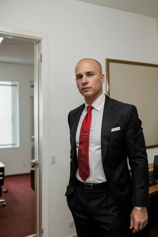A 59-year-old, masculine, virile, wealthy, tall, stocky male lawyer, white, short hair, bald on the crown, no facial hair, in a dark suit and red tie, at his office, full body picture
