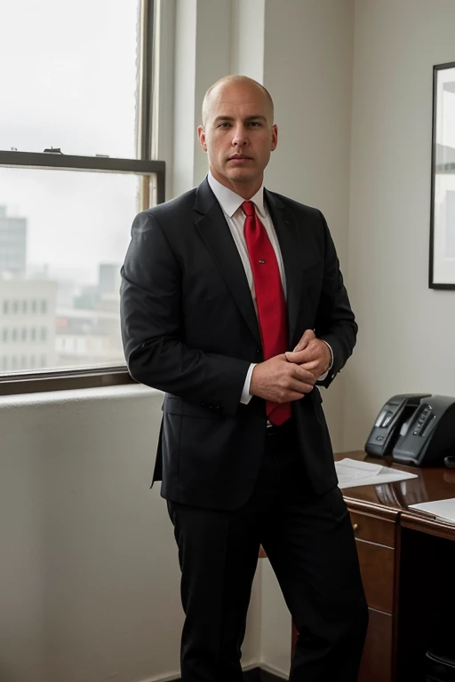 A 59-year-old, masculine, virile, wealthy, tall, stocky male lawyer, white, short hair, bald on the crown, no facial hair, in a dark suit and red tie, at his office, full body picture