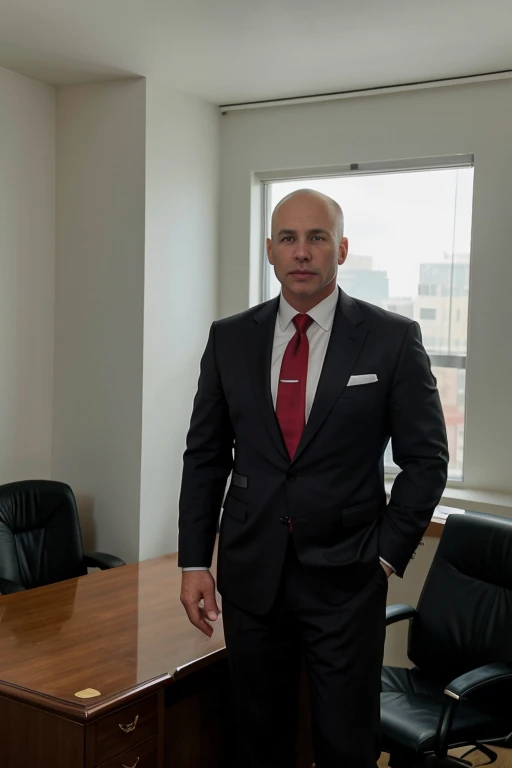 A 59-year-old, masculine, virile, wealthy, tall, stocky male lawyer, white, short hair, bald on the crown, no facial hair, in a dark suit and red tie, at his office, full body picture