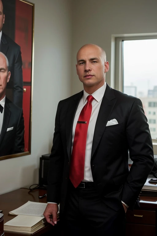 A 59-year-old, masculine, virile, wealthy, tall, stocky male lawyer, white, short hair, bald on the crown, no facial hair, in a dark suit and red tie, at his office, full body picture