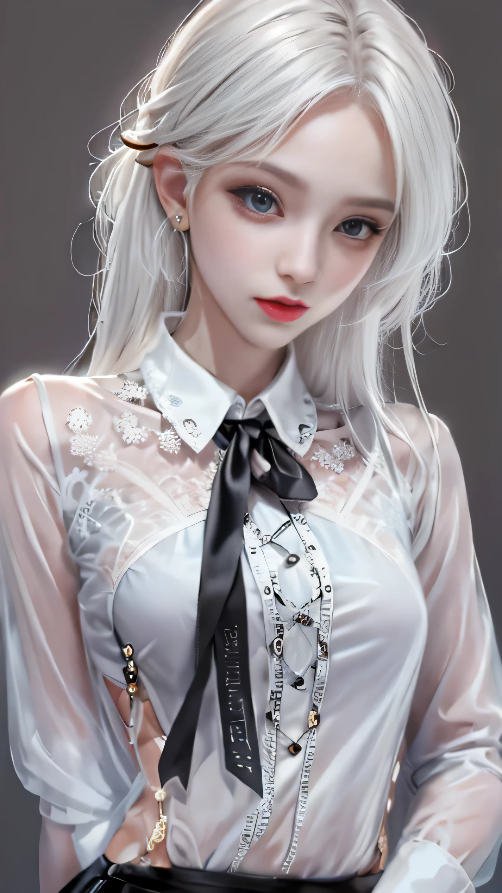 girl portrait photography, realistic, High resolution, 1 female, alone, Upper body, beautiful eyes, Close your lips, detailed face, Golden white hair, long hair, collared shirt, black tie,black skirt, pencil skirt,, stockings,(Black lace panties are visible)