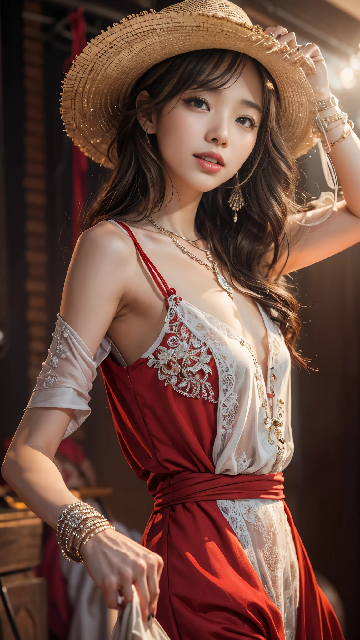 (RAW shooting, Photoreal:1.5, 8K, highest quality, masterpiece, ultra high resolution), Highly detailed skin and facial textures:1.3, perfect dynamic composition:1.2, expression of joy:1.0, Tears are flowing:1.0, 22 year old Japanese female singer:1.3, Height 163 cm, cowboy shot, Fair skin:1.2, sexy beauty, perfect style:1.1, beautiful and aesthetic, very beautiful face:1.1, (small underground live house, 100 spectators, singing pose on stage:1.3, studio lighting, Spotlight), hold the microphone with your right hand, Uplifting, open your mouth, (professional dressing:1.0, simple red long dress:1.2), (Medium chest, Chest gap),  (Beautiful and erotic big eyes:0.5, Bewitching:0.5, adult charm:0.5), necklace, earrings, bracelet