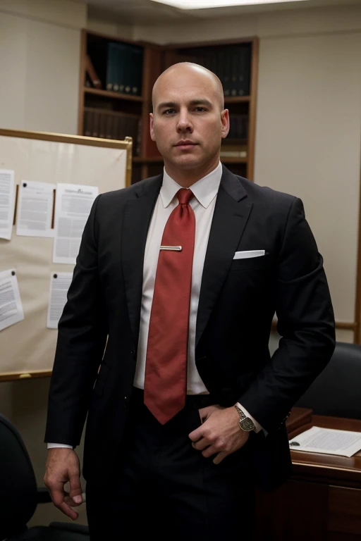 A 59-year-old, masculine, virile, wealthy, tall, stocky male lawyer, white, short hair, bald on the crown, no facial hair, in a dark suit and red tie, at his office, full body photo