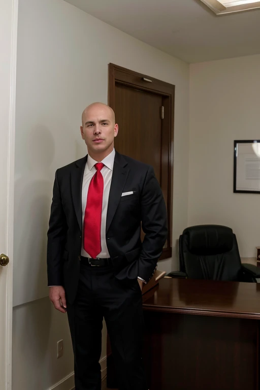 A 59-year-old, masculine, virile, wealthy, tall, stocky male lawyer, white, short hair, bald on the crown, no facial hair, in a dark suit and red tie, at his office, full body photo