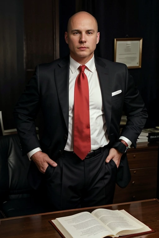 A 59-year-old, masculine, virile, wealthy, tall, stocky male lawyer, white, short hair, bald on the crown, no facial hair, in a dark suit and red tie, at his office, full body photo