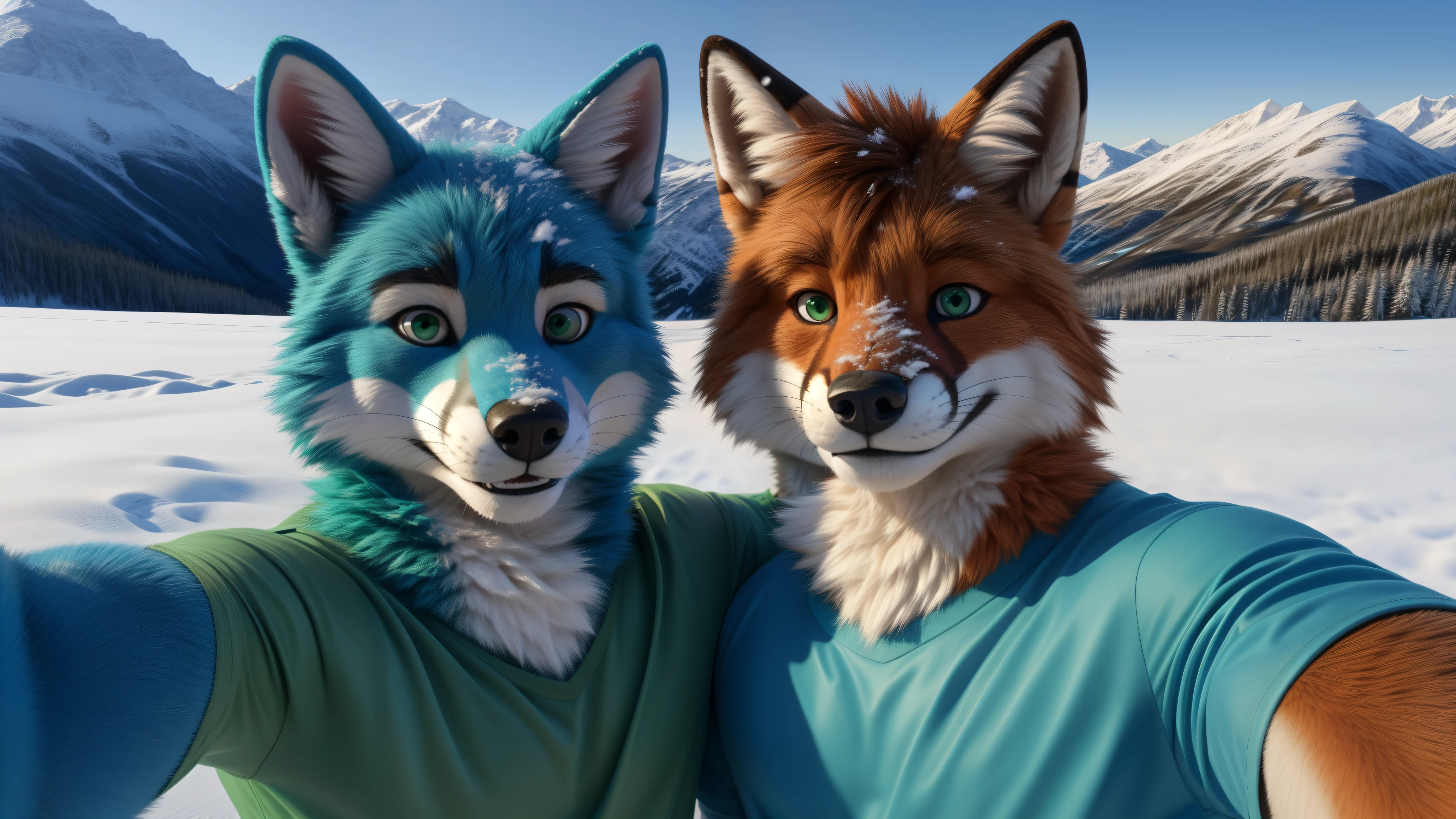 A 22 year old American muscular adult male Fox fursuit alone outdoors snow filled background in Alaska taking a selfie holding his smartphone and smiling at camera green eyes and blue fur wearing a green t-shirt and long pants together with his best friend (duo:1.1)
