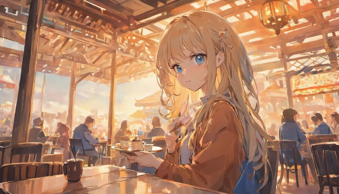 blue sky、bright、（sit on a chair）（drinking coffee）、（long hair、woman wearing glasses、Reading a novel）、（retro painting style）,（rough drawing style）,（Japanese anime style）,（easy drawing）（遠くにあるアウトドアCafe）（Cafe）blue skyが見える、Sunny、large crowd of people、Sunday、busy, big city、european style、fun、