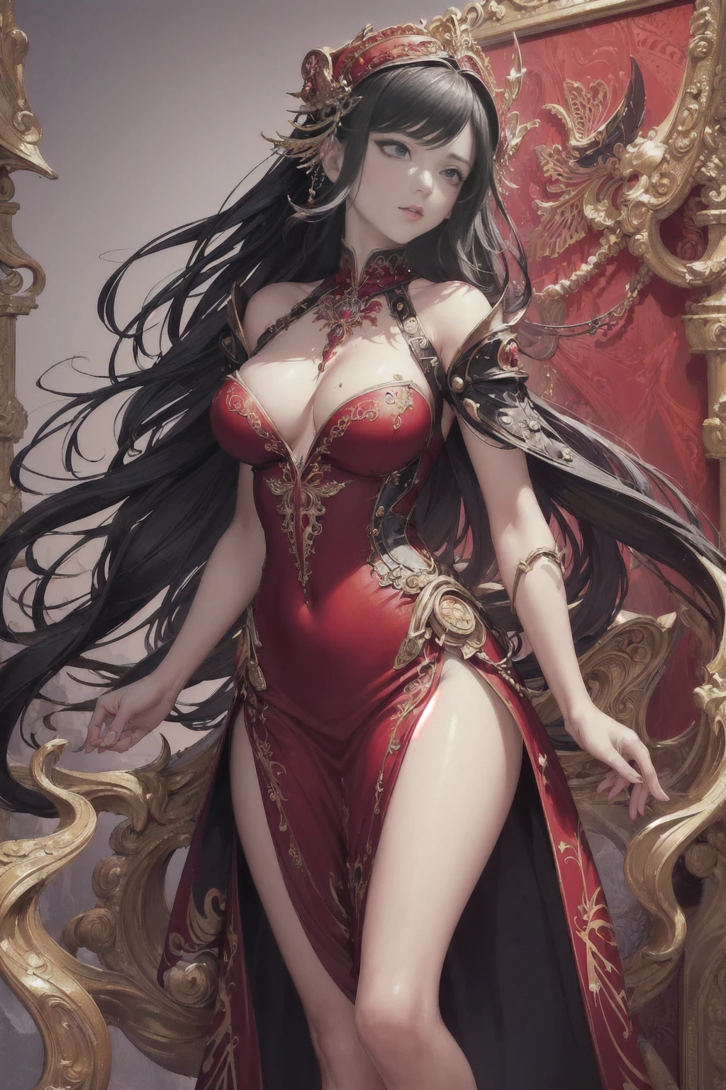 (((masterpiece, top quality, best quality, official art, beautiful and aesthetic:1.2))), (1girl), extreme detailed,(fractal art:1.3),colorful,highest detailed, ((a sorcereress in red dress)),aesthetic breasts, (erotic dress), ((body jewelry))
