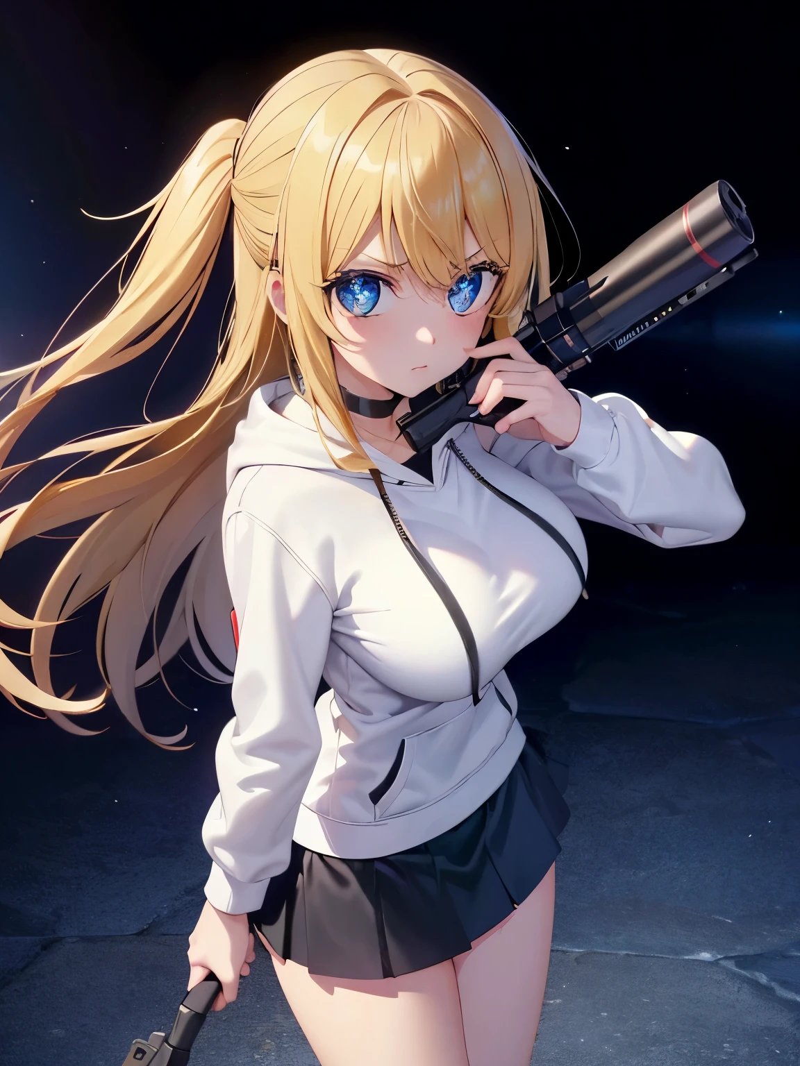 1woman,super beautiful,morning,Holding a sniper, Aim at the viewer, angry expression,cute,morning,half body photo,Beautiful eyes, very detailed face,cute,long hoodie,white hoodie, tennis skirt,HD face, perfect face,black mini skirt,black mini skirt,Very big breasts,Blonde hair,long hair,wavy hair,bangs,blue eyes,ultra detail,ultra Hd, masterpiece,4k
