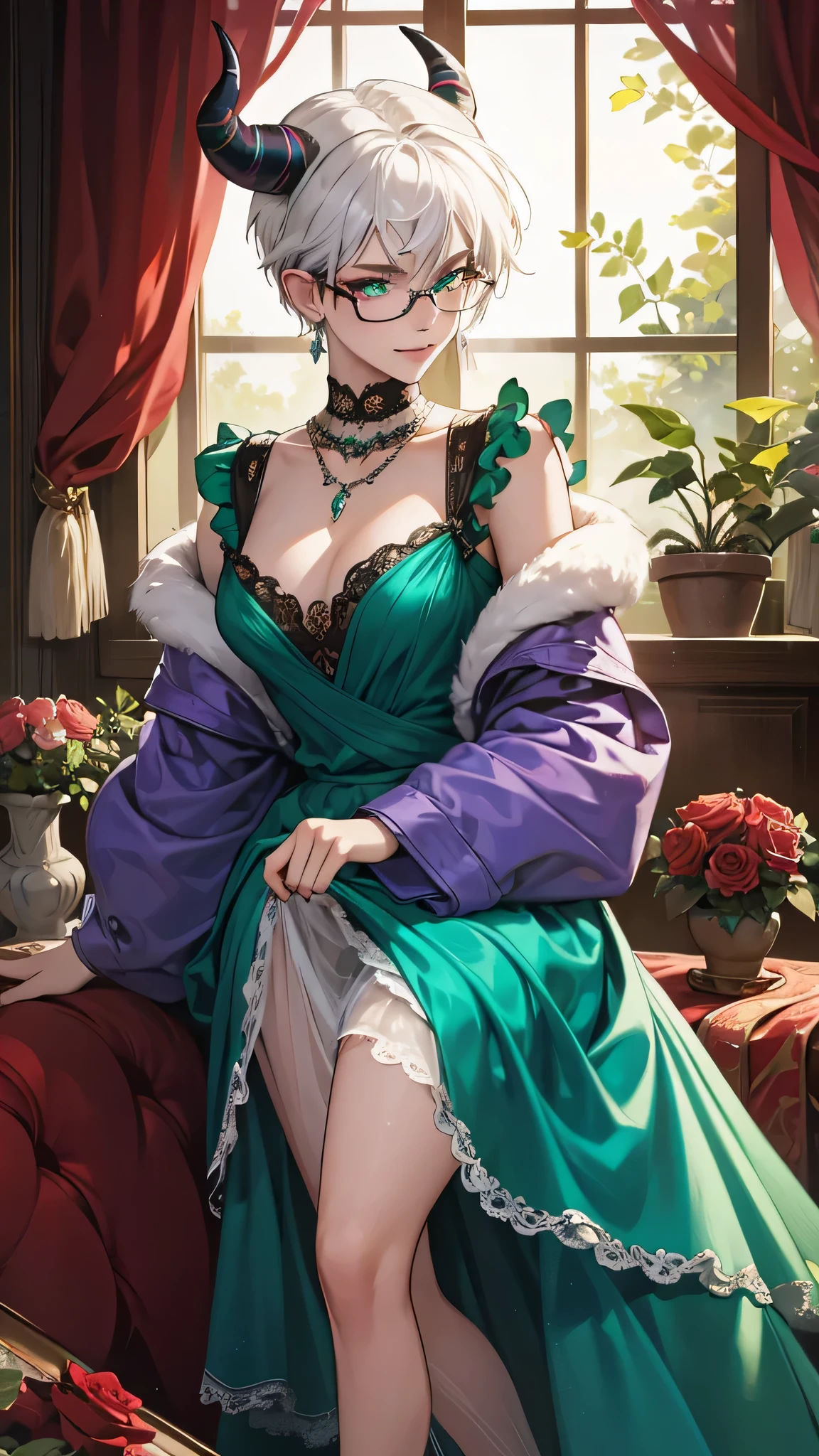 8k, masterpiece, best quality, highly detailed, 1girl, tiefling, multicolored hair, very short straight hair green highlight hair on white hair, strippled hair, wearing glasses, earrings, necklace, mole, glowing green eyes, glamorous, aristocrat, high heels, palace, roses, purple and teal dress, villainy, smirk, seductive pose, close up view, rings, looking at viewer, demon horns, standing, vintage, rich.