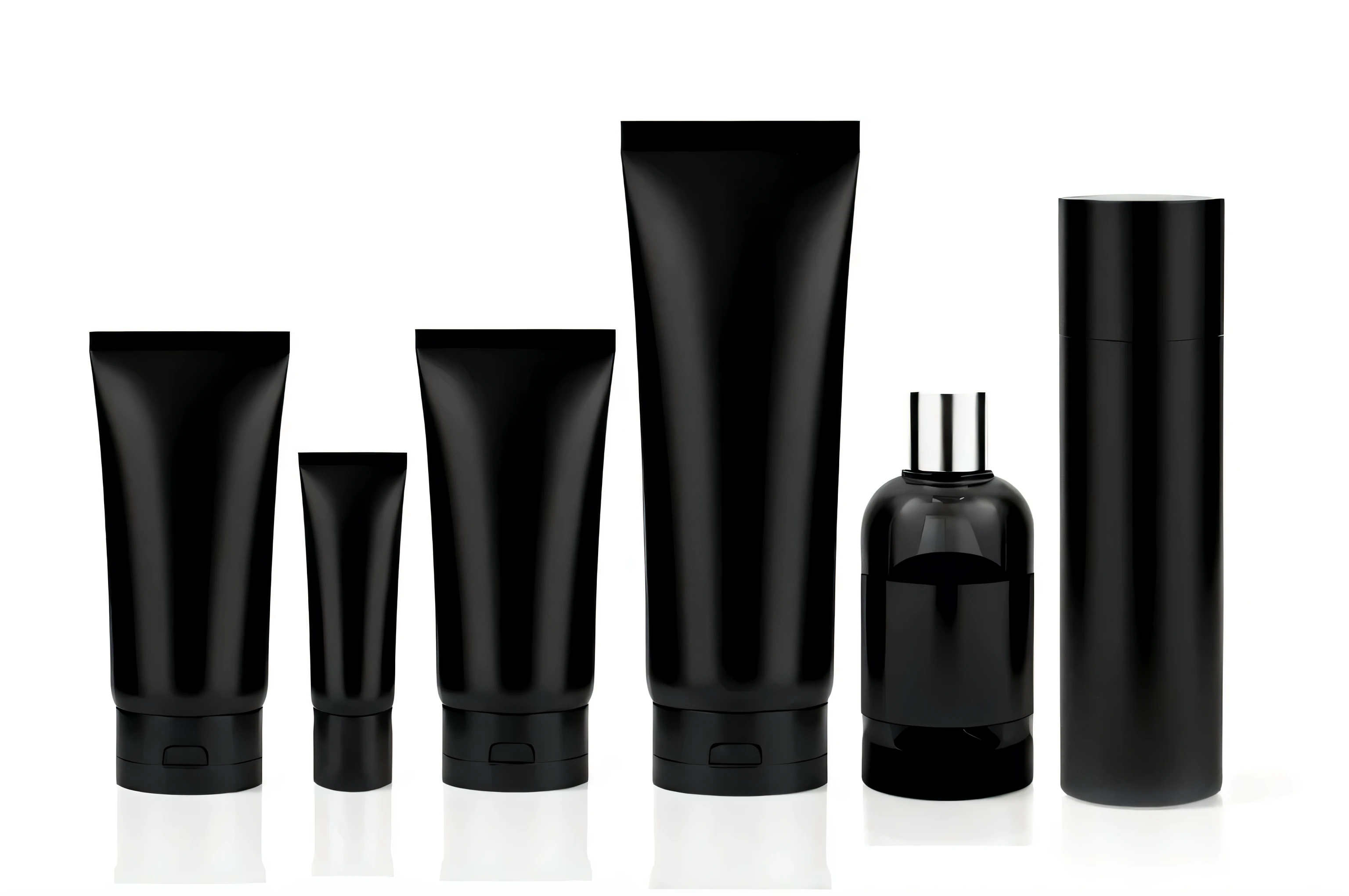 a close up of a group of black plastic containers with black lids, all black matte product, set against a white background, dark-toned product photos, skincare, product photography, products shot, product advertisement, high quality topical render, black main color, cosmetics, black on white background, black plastic, product photography 4 k, skin care, dramatic product shot