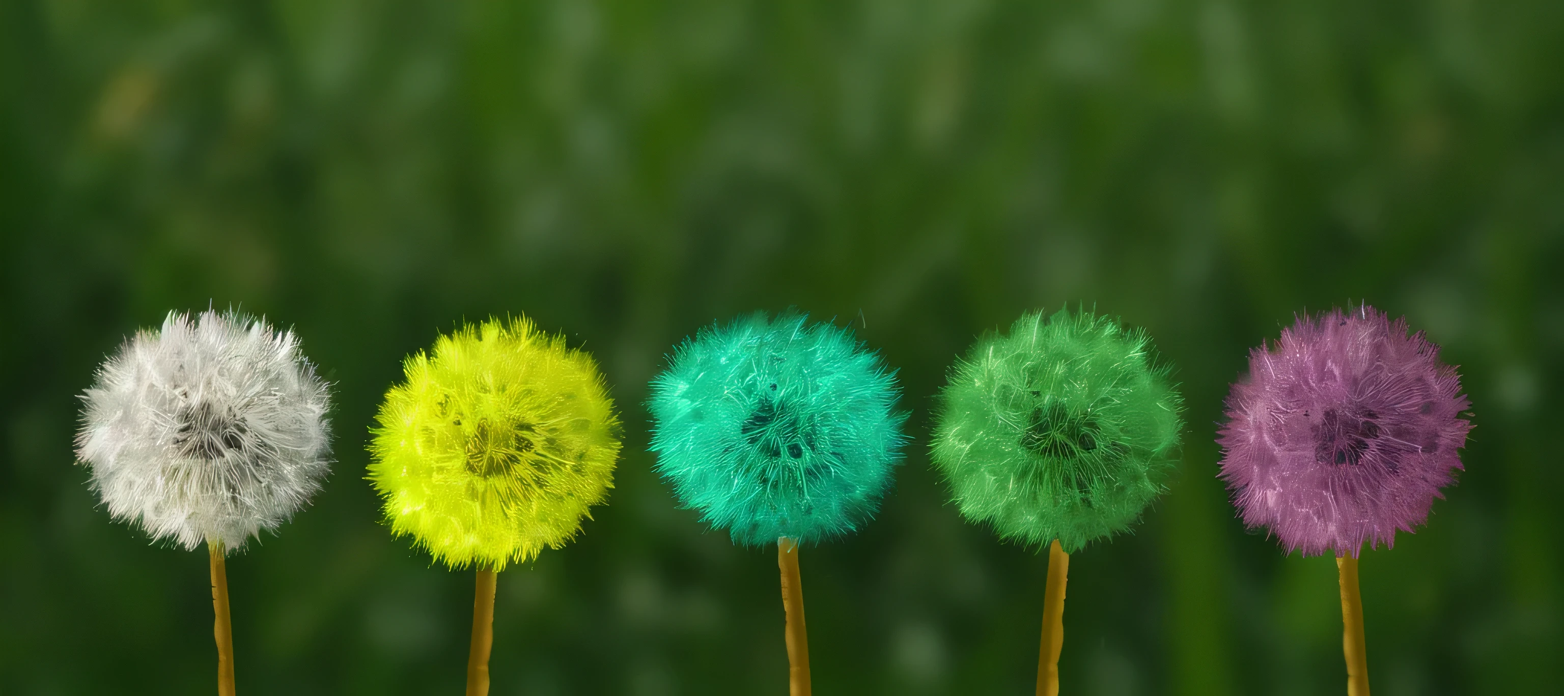 a close up of a row of four different colored dandelions, dandelions, colorized background, green and yellow colors, greenish colors, three colors, green colors, green colours, some yellow green and blue, colored flowers, 3 colors, colorful hd picure, dandelion, details and vivid colors, against dark background, youthful colours, yellow and green, green and yellow