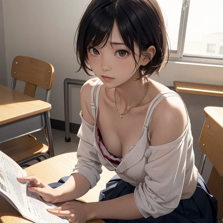 best quality, ultra high res, 8K, RAW photo ,cute school girl, japanese, solo, (((flat chest))),downblouse, small breasts, voluptuous, cute detailed bra with embellishments,overlap blouse,(high resolution detail of human skin texture), short hair,necklace ,leaning over, studying at a small desk,  from side above ,slender ,in classroom,