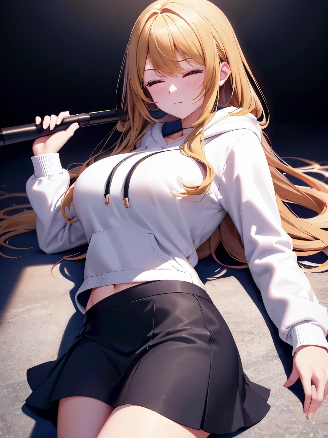 1woman,super beautiful,morning,Holding a sniper,lying,cute,morning,half body photo,Beautiful eyes, very detailed face,cute,long hoodie,white hoodie, tennis skirt,HD face, perfect face,black mini skirt,black mini skirt,Very big breasts,Blonde hair,long hair,wavy hair,bangs,closed eyes,ultra detail,ultra Hd, masterpiece,4k