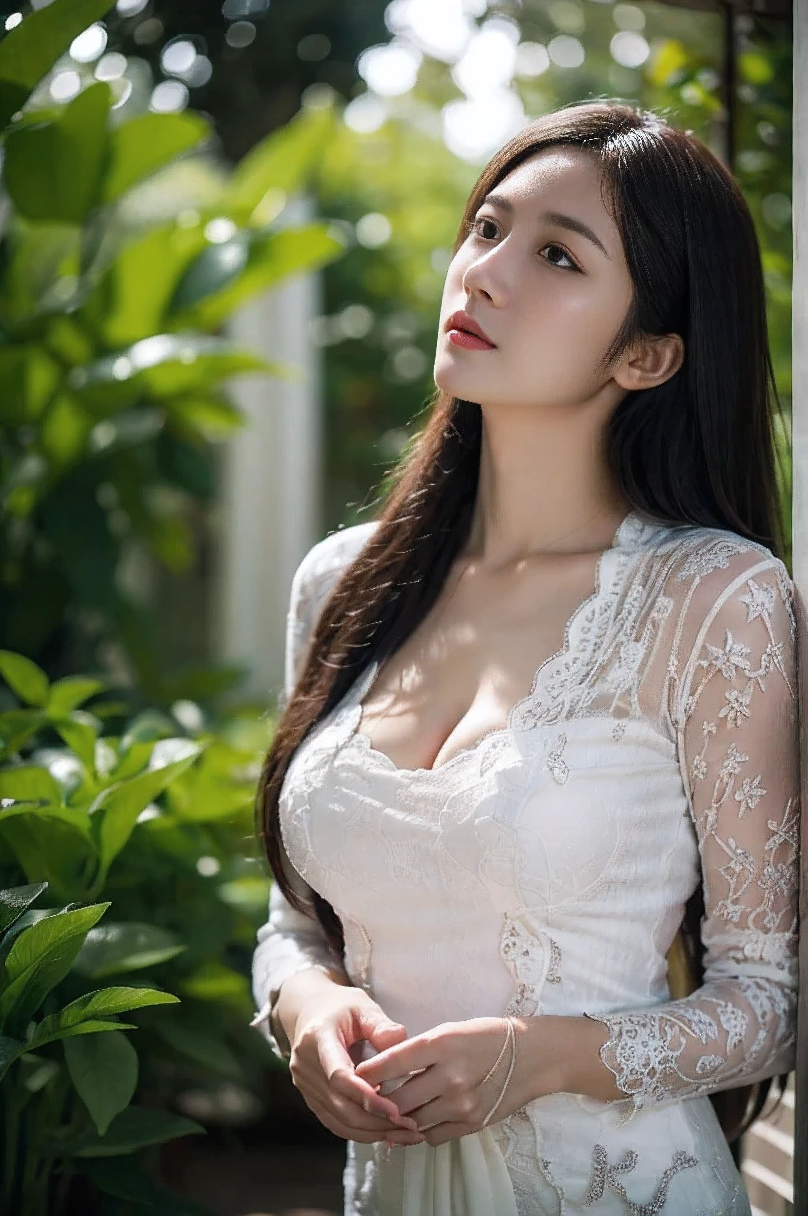 beautiful girl, slender face, Beautiful sharp eyes., model face, Beautiful makeup, beautiful long straight hair, 18 years old, wearing a white shirt, big breasts, white skin, In the flower field, flower, Very high detail, 8k, Realistic light, portrait,smile, happy, sit, Shooting Angle,