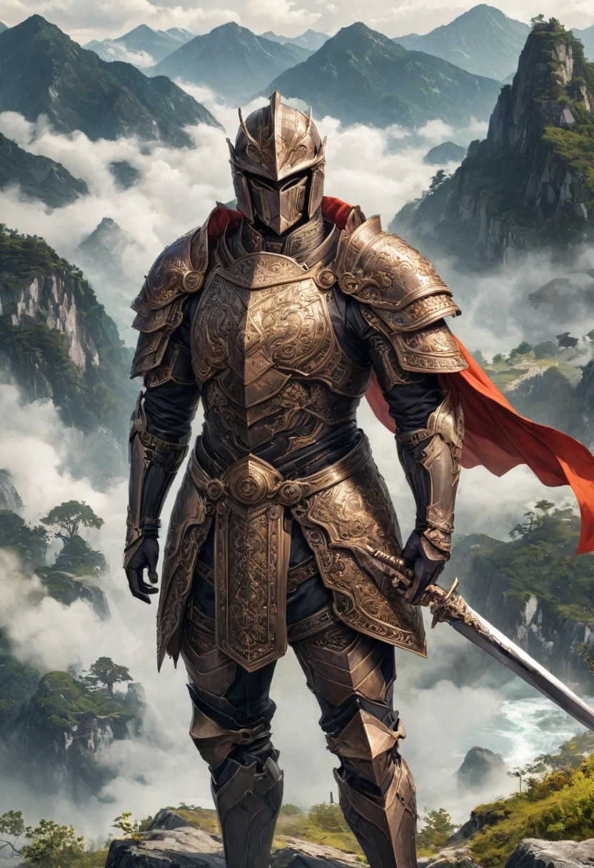 boy, emperor in armor, holding a long sword, on the mountaintop, Realistic, (masterpiece, best quality, perfect composition, very aesthetic, absurdres, ultra-detailed, intricate details, Professional, official art, Representative work:1.3), (Animagine:0.01)