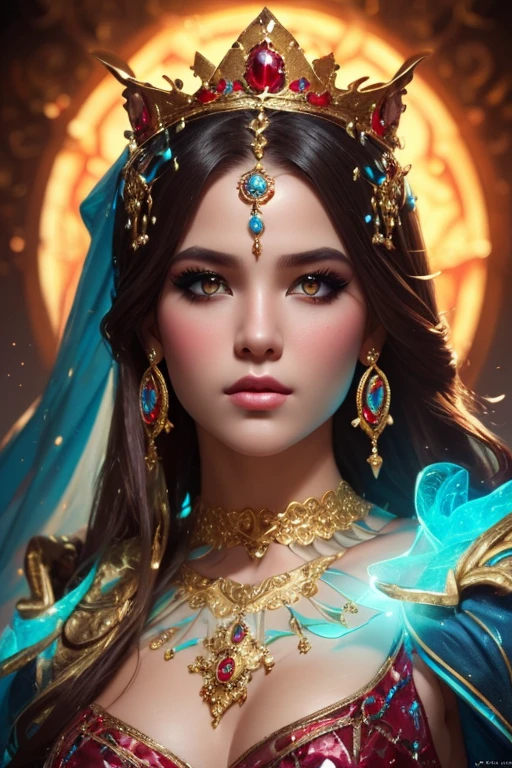 ((best quality)), ((masterpiece)), (detailed), person wearing costume, (Behance contest winner:1.2), fantasy art, crown of giant rubies, 3D goddess portrait, style of Ross Tran, captivating lighting, 8k resolution, striking facial expression, (elaborate costume details:1.3), vibrant colors, powerful presence, (ethereal glow:1.1)