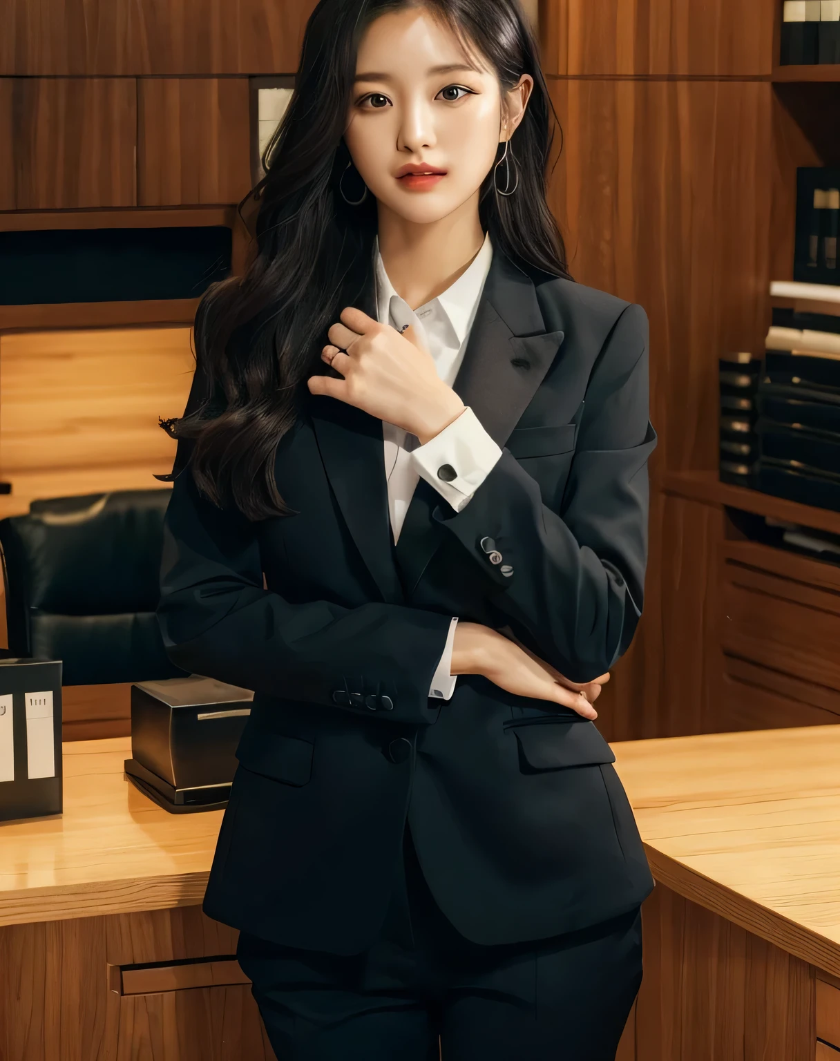 south korea woman wearing a black suit posing for a photo, wearing black business suit, wearing a business suit, resin drainage, dressed in black noble clothes, wearing a business suit, 엄격한 wearing a business suit, girl in suit, black business suit, woman in black business suit, wearing a black suit, girl in a suit, Woman in business suit, wearing a business suit