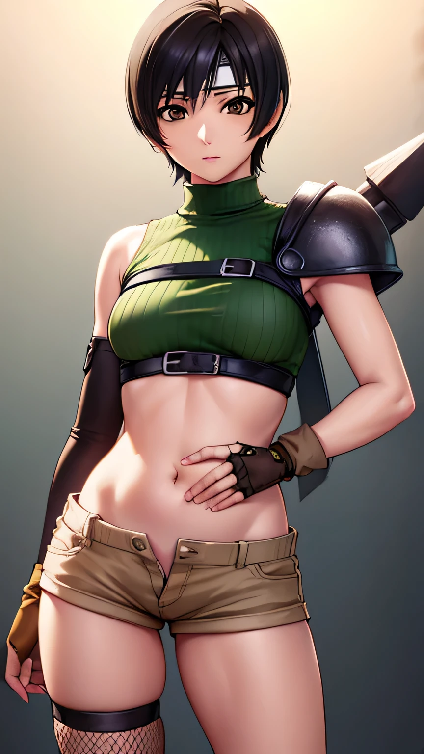 Yuffie Exaragi, Yuffie Kisaragi, (black hair:1.5), (brown eyes:1.7), short hair, pixie cut,
Breaking crop tops, Fingerless gloves, Fishnet tights, fishing net, forehead protector, gloves, head band, belly button, short shorts, shorts, single sleeve, single thigh high, No sleeve, No sleeveturtleneck, thighs thighs thighs, turtleneck,
break cowboy shot, looking at the viewer, high quality, High resolution, unity 8k wallpaper, (figure:0.8), (detailed and beautiful eyes:1.6), highly detailed face, perfect lighting, Highly detailed CG, (perfect hands, perfect anatomy),whole body