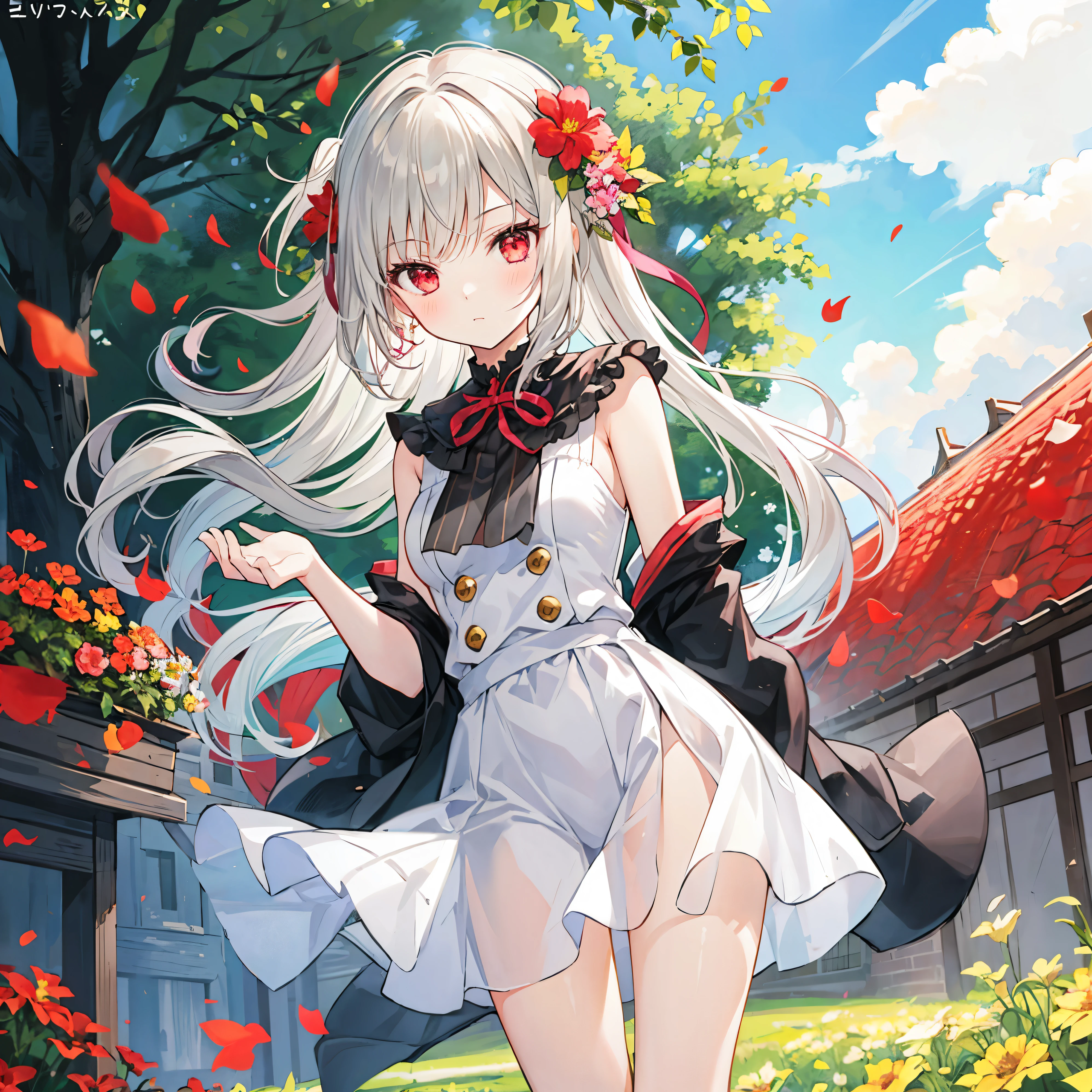 Girl with gray hair and red eyes、Blonde and red-eyed girl、Fluffy clothes、Sunlight、flower  field、spats