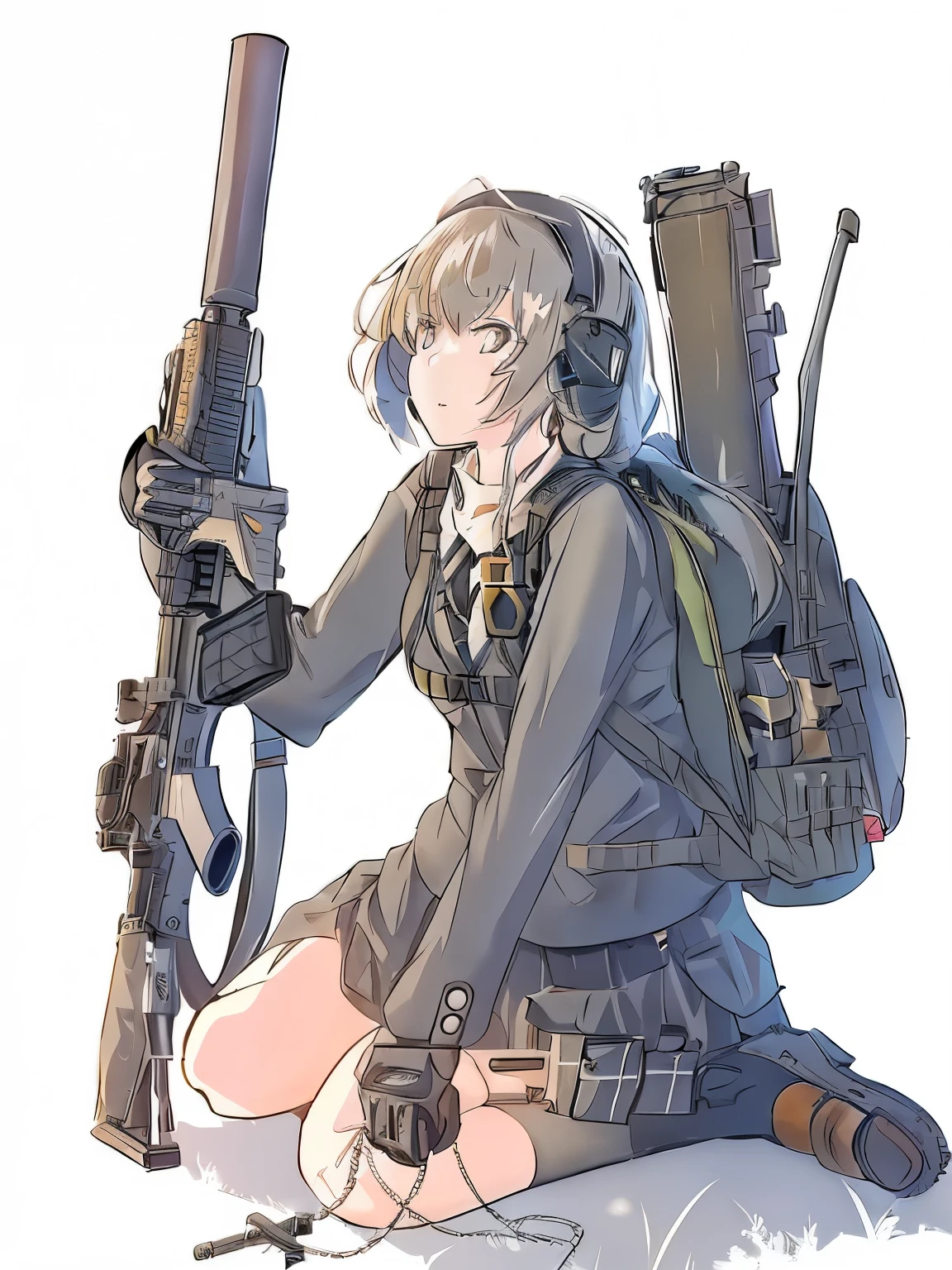 Anime girl sitting on the ground with gun and backpack, from girls frontline, girls frontline style, fine details. girls frontline, m4 sopmod ii girls frontline, girls frontline cg, Door Gunner, Bring rifle, fleet collection style, girls frontline, anime machine gun shooting, infantry girl, mechanized soldier girl, soldier girl, cancolle