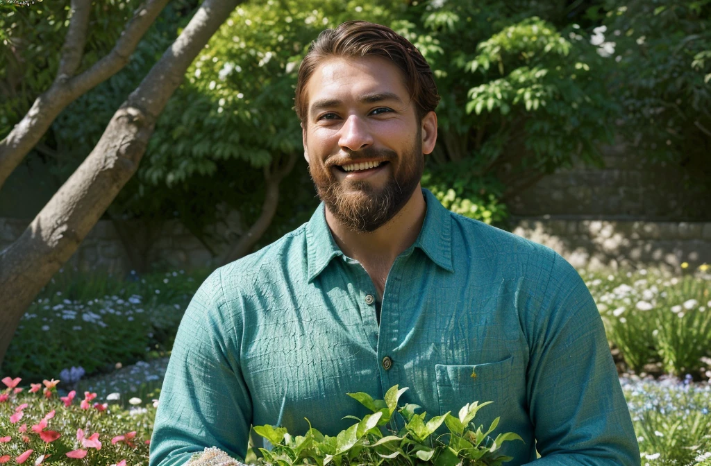(highres,photorealistic),green-eyed,bearded man in a garden,smiling,handsome:1.1,with a sense of confidence, wearing a casual outfit:0.9,a blue shirt and jeans, standing near a stone pathway:0.9, surrounded by vibrant flowers and lush greenery. The sunlight filters through the trees, casting a warm glow on his face, illuminating his well-defined features. The atmosphere is peaceful and serene, with a gentle breeze rustling the leaves. The man's eyes glimmer with intelligence and kindness, reflecting his inner strength and wisdom. His beard is well-groomed, adding a touch of ruggedness to his gentle demeanor. As he smiles, his eyes crinkle, exuding warmth and genuine joy. The garden is meticulously maintained, with each flower petal and leaf captured in breathtaking detail. The colors are vibrant and vivid, creating a visual feast for the eyes. The composition of the scene is carefully balanced, with the man positioned slightly off-center, creating a sense of dynamism and intrigue. All these elements come together to create an exquisite masterpiece that captures the essence of nature's beauty and the human spirit.