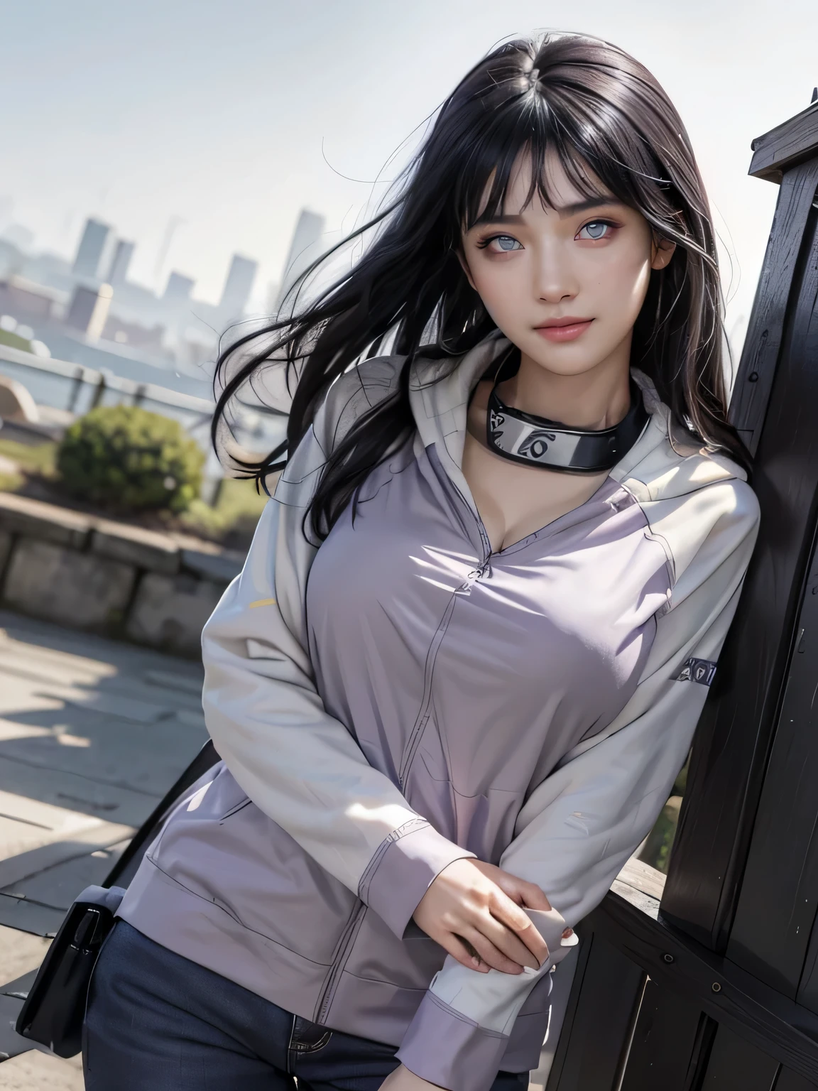 1girl, hyuga hinata in anime naruto, long straight hair, black hair, ((white eyes:1.5)), smile, beautiful, (purple white hoodie), (dark purple pant), very big breast, neckband, konohagakure symbol on neckband, realistic clothes, detail clothes, (outdoor background), dynamic background, ultra detail, realistic, sexy posing, (gradients), sfw, colorful, (detailed background), (rule of third_composition:1.3), (Line of action:1.2), daylight