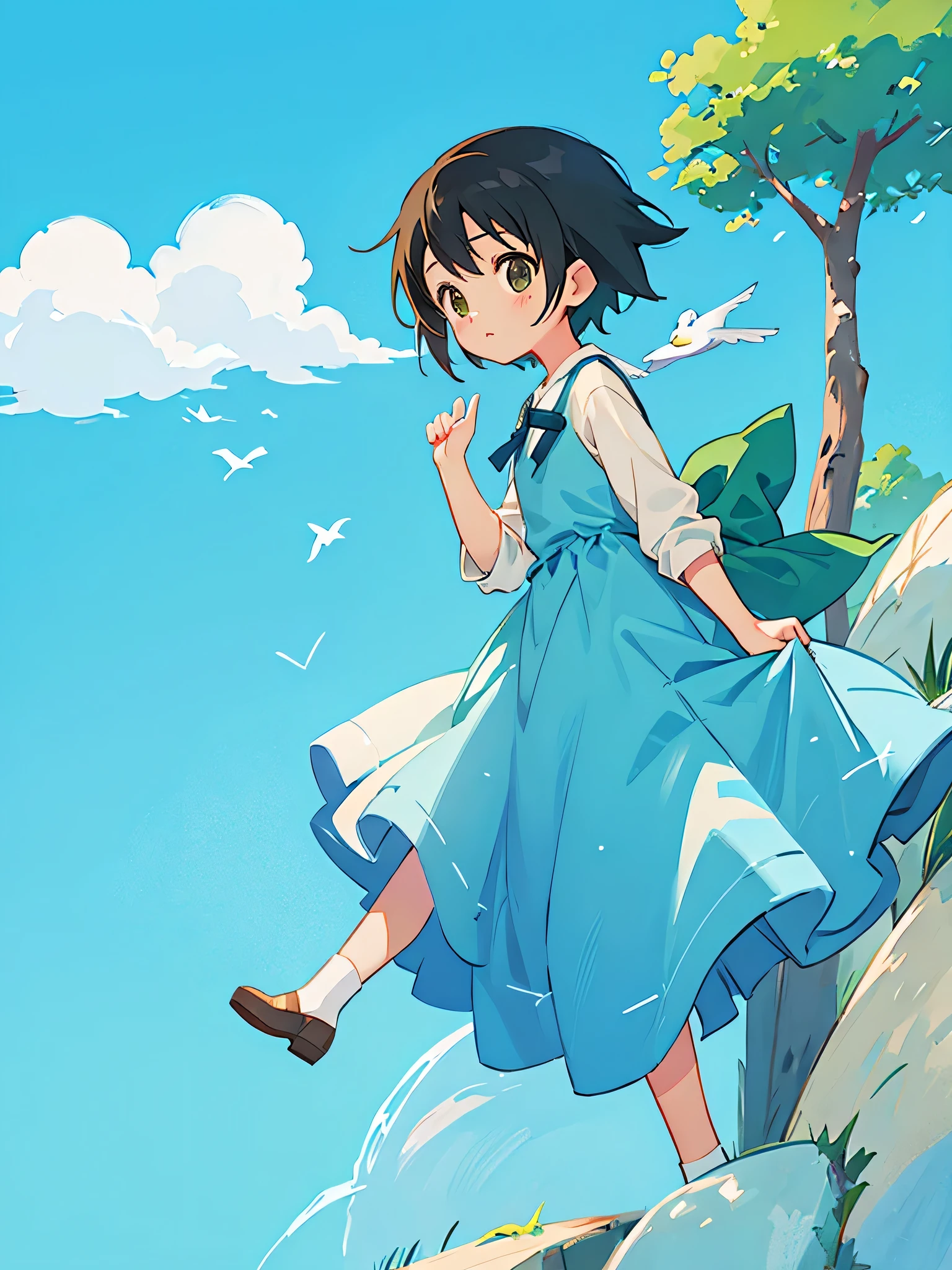 Makoto Shinkai style, Kawaii Design, most beautiful girl ever、Chibi, birdie、High walls