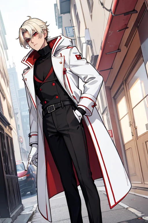 male, blonde hair with white trim, red eyes, (((1boy))), (((black coat with white trim))), (white turtleneck), (red scarf), (white fingerless gloves), (black denim pants), (black dress shoes), teenager, long legs