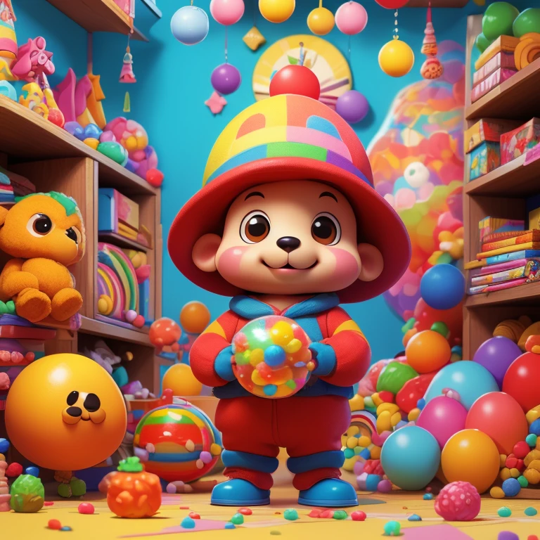 (masterpiece:1.1), (top quality:1.1), Cheburashka, from a Soviet cartoon, big ears, colorful balls in the background, candies. mischievous, looks ahead.